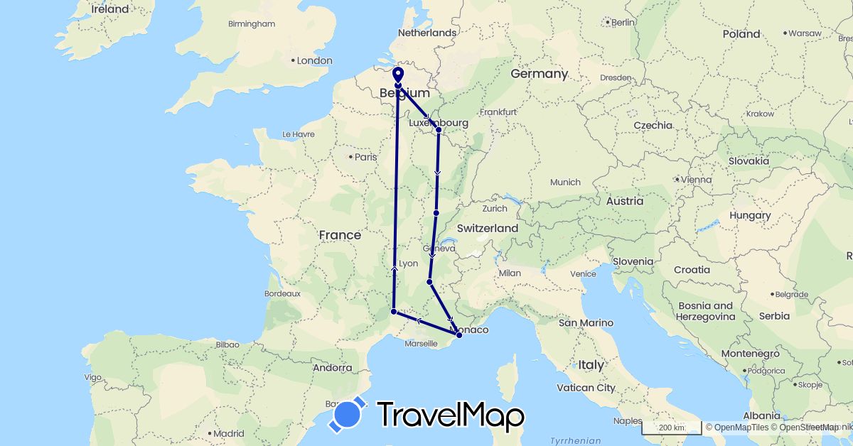 TravelMap itinerary: driving in Belgium, France, Luxembourg (Europe)
